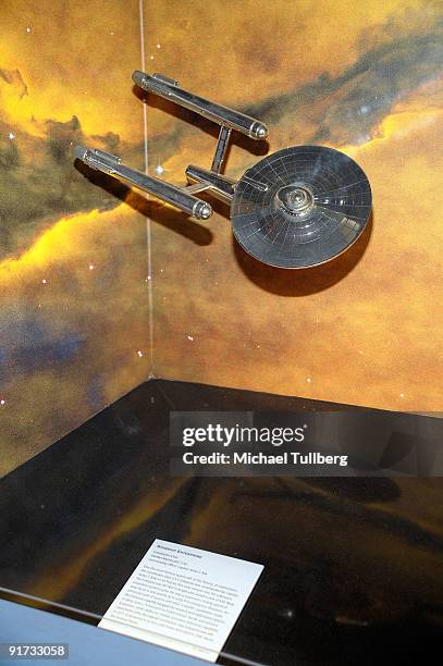 Silver display model of the U.S.S. Enterprise from the original "Star Trek" TV series on display at "Star Trek - The Exhibition" at the Hollywood &...