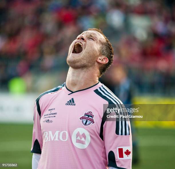 Forward Chad Barrett of the Toronto FC reacts to the play against the San Jose Earthquakes during the match at BMO Field on October 10, 2009 in...