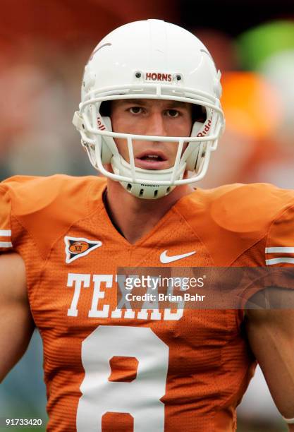Wide receiver Jordan Shipley of the Texas Longhorns warms up before a game against the Colorado Buffaloes on October 10, 2009 at the Darrell K...