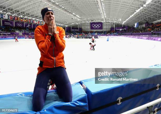 Ireen Wust of The Netherlands celebrates winning the gold medal during the Ladies 1,500m Long Track Speed Skating final on day three of the...