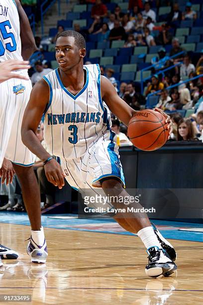 Chris Paul of the New Orleans Hornets drives against the Oklahoma City Thunder on October 10, 2009 at the New Orleans Arena in New Orleans,...