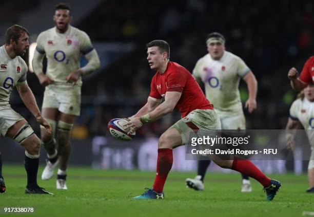 Scott Williams of Wales passes the ball during the NatWest Six Nations match between England and Wales at Twickenham Stadium on February 10, 2018 in...