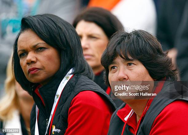 Condoleezza Rice and Pat Hurst watch play on the fifth hole during the Day Three Afternoon Fourball Matches of The Presidents Cup at Harding Park...