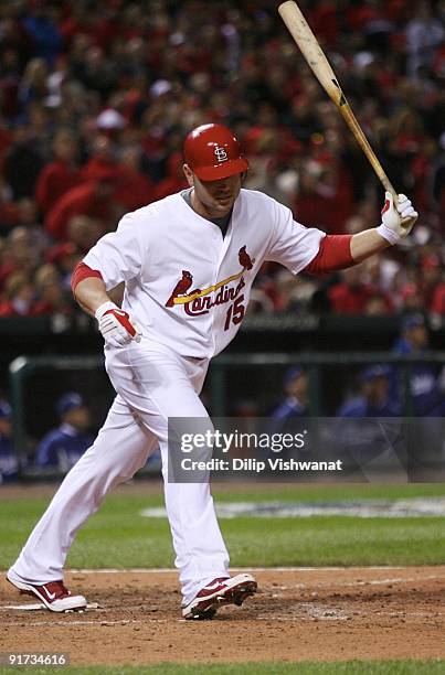 Matt Holliday of the St. Louis Cardinals reacts to hitting the third out in the eighth inning against the Los Angeles Dodgers in Game Three of the...