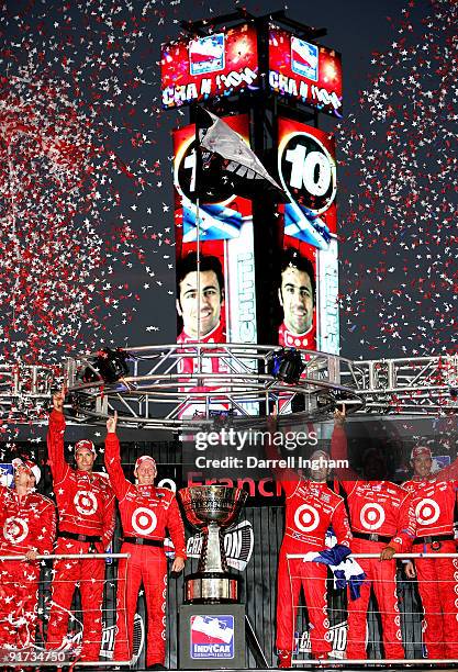 Dario Franchitti, driver of the Target Chip Ganassi Racing Dallara Honda celebrates winning the IndyCar Series Championship at the IRL IndyCar Series...