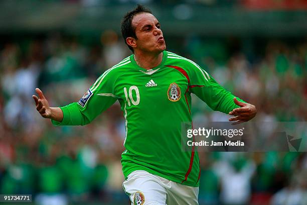 Cuauhtemoc Blanco of Mexico celebrates scored goal during their FIFA 2010 World Cup Qualifying match at the Azteca Stadium on October 10, 2009 in...