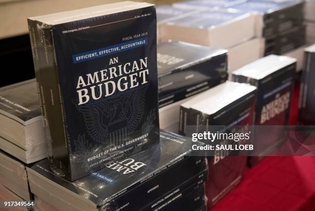 Copies of US President Donald Trump's Fiscal Year 2019 Government Budget sit on a table at the House Budget Committee on Capitol Hill in Washington,...