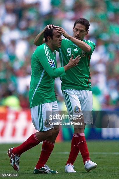 Mexican players Cuauhtemoc Blanco and Guillermo Franco celebrate victory over El Salvador during their 2010 FIFA World Cup qualifying at the Azteca...