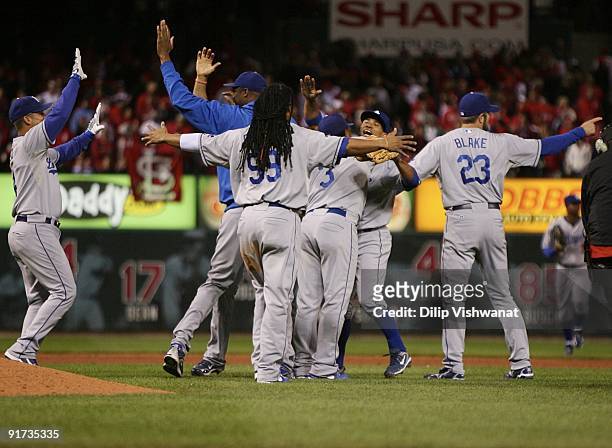 Manny Ramirez of the Los Angeles Dodgers and teammates celebrate their 5-1 victory of Game Three to win the NLDS after sweeping the St. Louis...