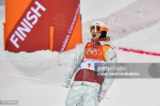 Canada's Mikael Kingsbury reacts after competing in the men's moguls final during the Pyeongchang 2018 Winter Olympic Games at the Phoenix Park in...