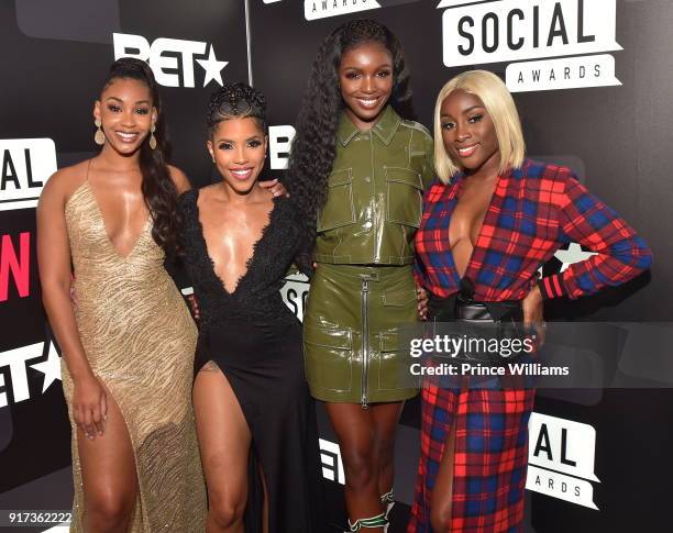 Jasmine Luv, Jasmine Brown, Leomie Anderson and Sandra Lambeck attend BET Social Awards Red carpet at Tyler Perry Studio on February 11, 2018 in...