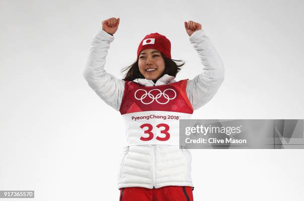 Bronze medalist Sara Takanashi of Japan celebrates on the podium during the victory ceremony after the Ladies' Normal Hill Individual Ski Jumping...