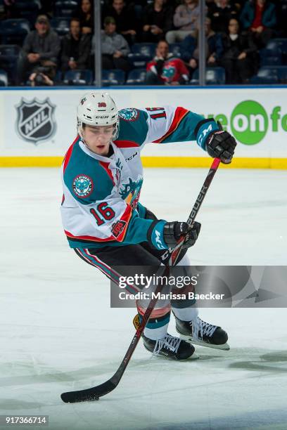 Kole Lind of the Kelowna Rockets skates with the puck against the Vancouver Giants at Prospera Place on February 7, 2018 in Kelowna, Canada.