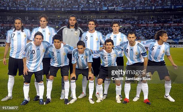 Argentina team pose for a photograph before their match against Peru as part of the FIFA 2010 World Cup Qualifier at Monumental Stadium on October...