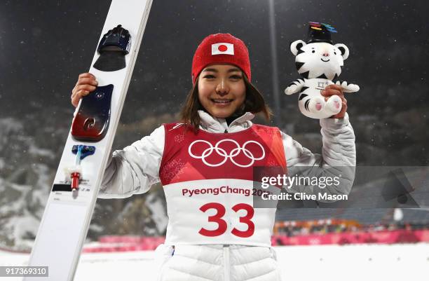 Bronze medalist Sara Takanashi of Japan celebrates after the Ladies' Normal Hill Individual Ski Jumping Final on day three of the PyeongChang 2018...