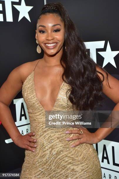 Jasmine Luv attends BET Social Awards Red Carpet at Tyler Perry Studio on February 11, 2018 in Atlanta, Georgia.