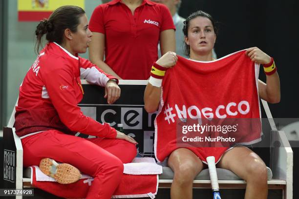 Lara Arruabarrena of Spain team talk with Anabel Medina captain of Spain team during 2018 Fed Cup BNP Paribas World Group II First Round match...