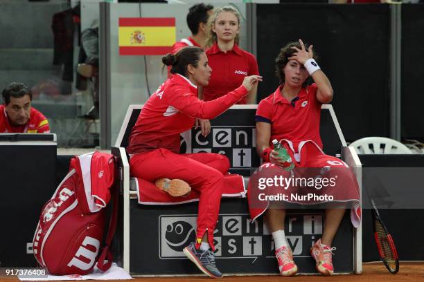 Carla Suarez Navarro of Spain team talk with Anabel Medina captain of Spain team during 2018 Fed Cup BNP Paribas World Group II First Round match...