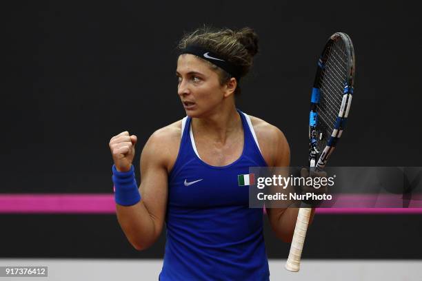 Sara Errani of Italy team during celebrate the victory of the 2018 Fed Cup BNP Paribas World Group II First Round match between Italy and Spain at...