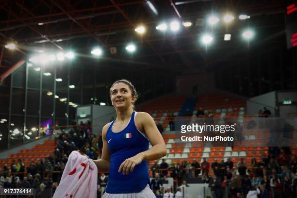 Sara Errani of Italy team during celebrate the victory of the 2018 Fed Cup BNP Paribas World Group II First Round match between Italy and Spain at...