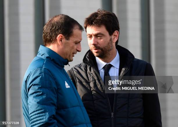 Juventus' Italian coach Massimiliano Allegri talks with Juventus's president Andrea Agnelli during the Media Day in Vinovo, near Turin, on February...