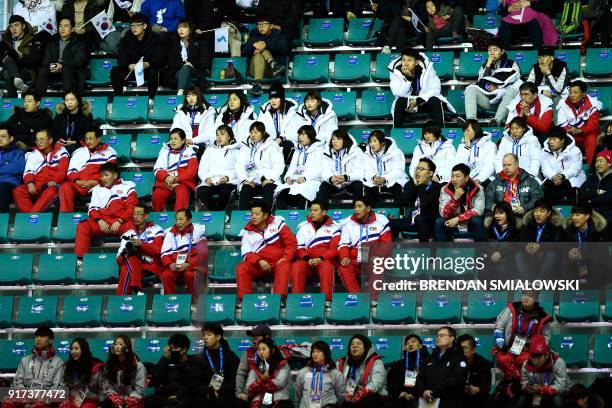 North Koreans and other spectators watch the women's preliminary round ice hockey match between Sweden and Unified Korea during the Pyeongchang 2018...
