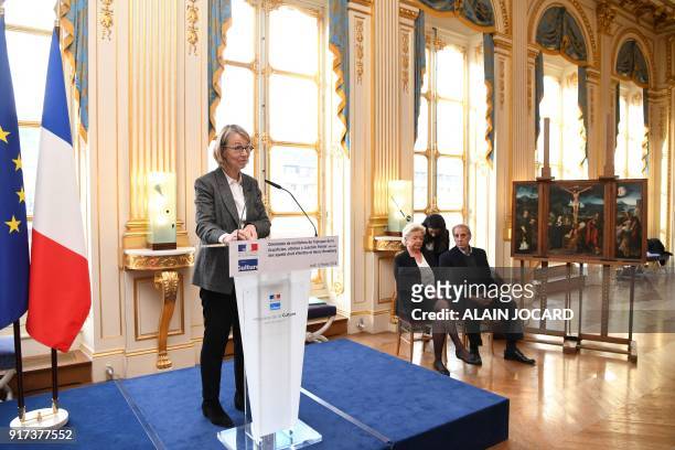 French Culture Minister Francoise Nyssen gives a speech during a ceremony to restituate the Triptych of the Crucifixion painting attributed to...