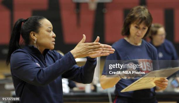 Dawn Staley of the 2018 USA Basketball Women's National Team during training camp at the University of South Carolina on February 11, 2018 in...