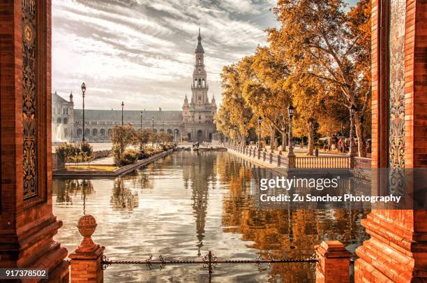 two twin towers of plaza de españa - seville stock pictures, royalty-free photos & images