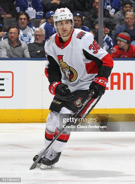 Colin White of the Ottawa Senators skates against the Toronto Maple Leafs during an NHL game at the Air Canada Centre on February 10, 2018 in...