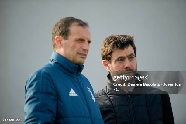 Massimiliano Allegri and Andrea Agnelli during the Champions League training session at Juventus Center Vinovo on February 12, 2018 in Vinovo, Italy.