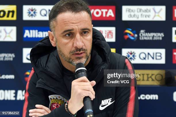 Head Coach Vitor Pereira of Shanghai SIPG attends a press conference ahead of the 2018 AFC Champions League Group F match between Kawasaki Frontale...