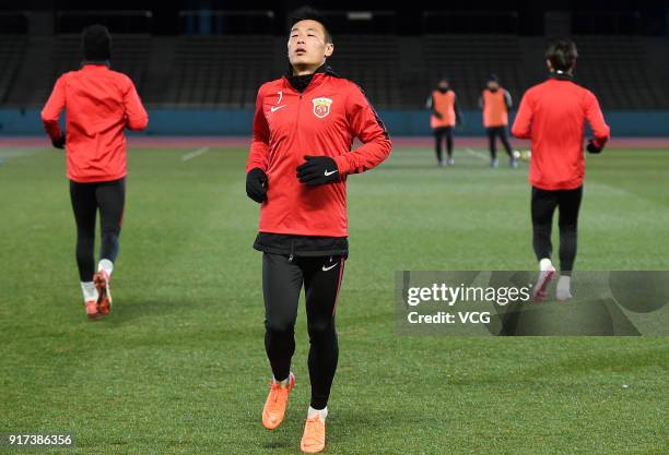 Wu Lei of Shanghai SIPG attends a training session ahead of the 2018 AFC Champions League Group F match between Kawasaki Frontale and Shanghai SIPG...