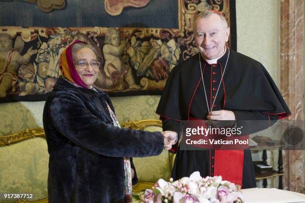 Prime Minister of Bangladesh Sheikh Hasina meets Vatican Secretary of State Cardinal Pietro Parolin after a private audience with Pope Francis at the...
