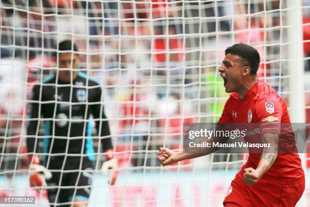 Ernesto Vega of Toluca celebrates after scoring the second goal of his team during the 6th round match between Toluca and Monterrey as part of the...
