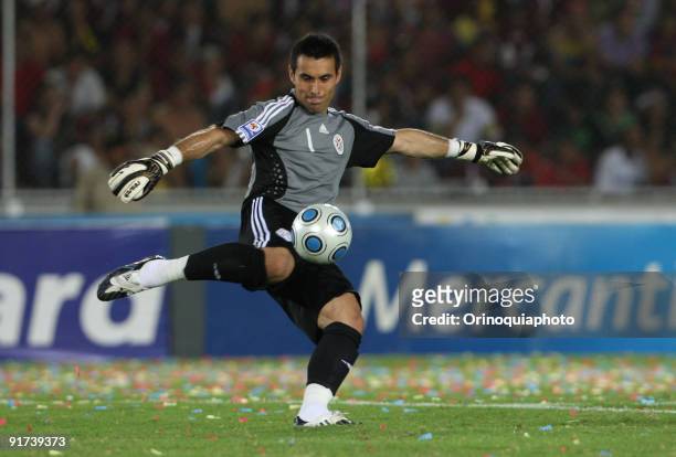 Paraguay's goalkeeper Justo Villar kicks the ball during the match against Venezuela as part of FIFA 2010 World Cup Qualifier at the Cachamay Stadium...