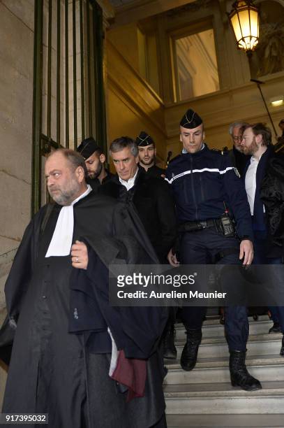 Former French Minister of Economy, Jerome Cahuzac leaves the court house after his appeal trial with his lawyer Eric Dupond-Moretti on February 12,...