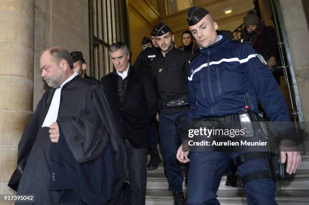 Former French Minister of Economy, Jerome Cahuzac leaves the court house after his appeal trial with his lawyer Eric Dupond-Moretti on February 12,...