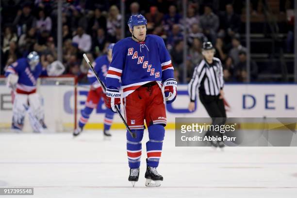 Cody McLeod of the New York Rangers looks on in the second period against the Calgary Flames during their game at Madison Square Garden on February...