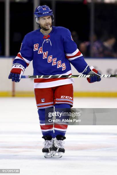 David Desharnais of the New York Rangers reacts in the third period against the Calgary Flames during their game at Madison Square Garden on February...