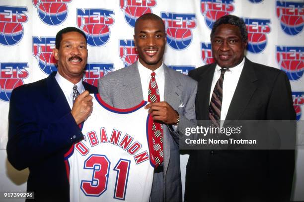 The New Jersey Nets introduce there new draftee Ed O'Bannon at a press conference on June 29, 1995 in East Rutherford, New Jersey. NOTE TO USER: User...