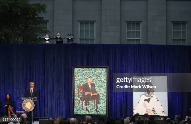 Former U.S. President Barack Obama speaks alongside former first lady Michelle Obama as their portraits are unveiled during a ceremony at the...