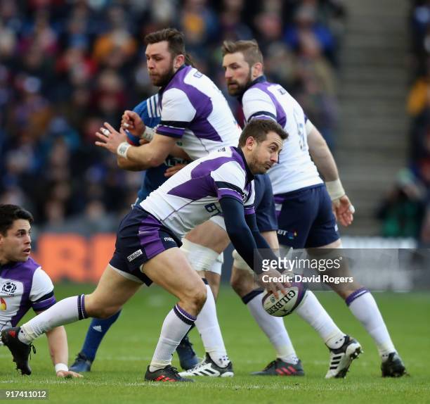 Greig Laidlaw of Scotland passes the ball during the Six Nations match between Scotland and France at Murrayfield on February 11, 2018 in Edinburgh,...