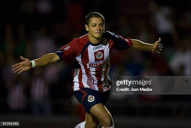 Javier Hernandez of Chivas celebrates scored goal during their match as part of the Mexican Championship Apertura 2009 at the 3 de Marzo Stadium on...