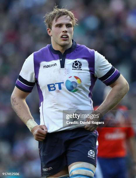 Jonny Gray of Scotland looks on during the Six Nations match between Scotland and France at Murrayfield on February 11, 2018 in Edinburgh, Scotland.