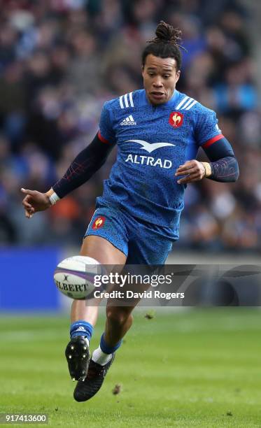 Teddy Thomas of France kicks the ball upfield during the Six Nations match between Scotland and France at Murrayfield on February 11, 2018 in...