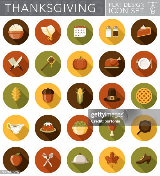 flat design thanksgiving icon set with side shadow - october clipart stock illustrations