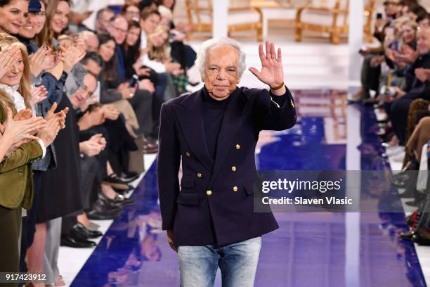 Fashion Designer Ralph Lauren takes a bow on the runway for Ralph Lauren during New York Fashion Week: The Shows at on February 12, 2018 in New York...