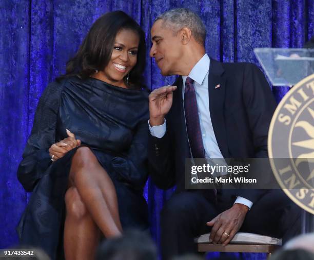 Former U.S. President Barack Obama and first lady Michelle Obama participate in the unveiling of their official portraits during a ceremony at the...