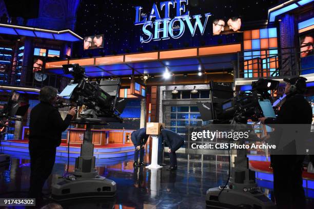 The Late Show with Stephen Colbert and guest John Oliver during Friday's February 9, 2018 show.